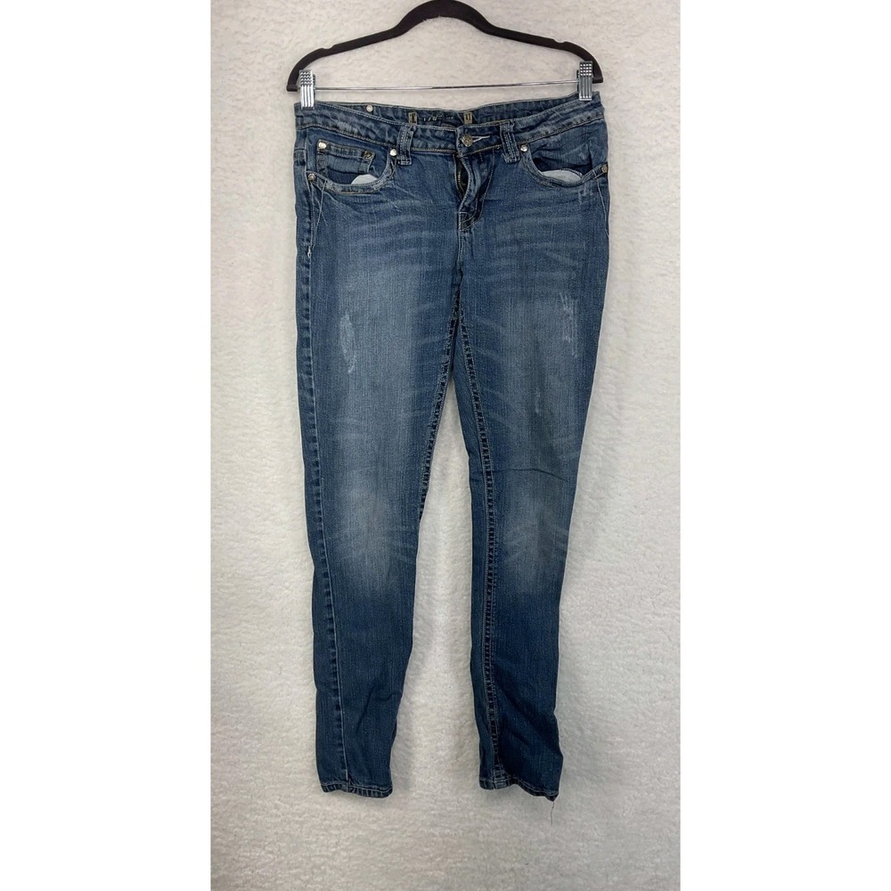 Rampage‎ Women's Dark Wash Embellished Thick Stitch Skinny Jeans, Size 11